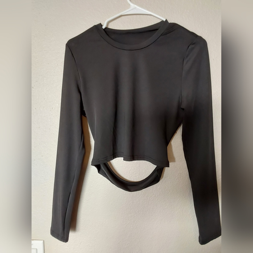SHEIN Top, Women's Size Medium Black Long Sleeve Crop Top with Open Back